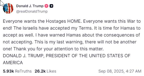 Truth Social post by Trump