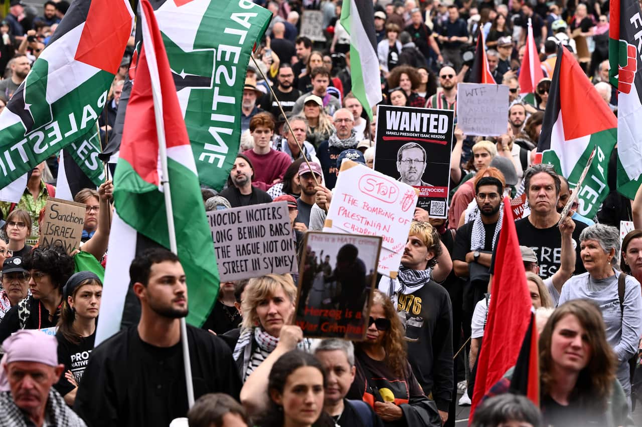 Protesters carrying Palestinian flags and placards opposing Israeli President Isaac Herzog's visit