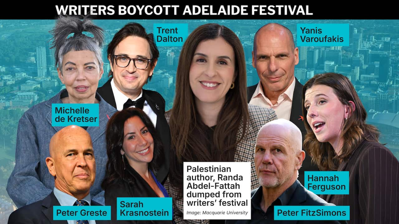 A stylised image featuring writers who have boycotted the Adelaide Festival.
