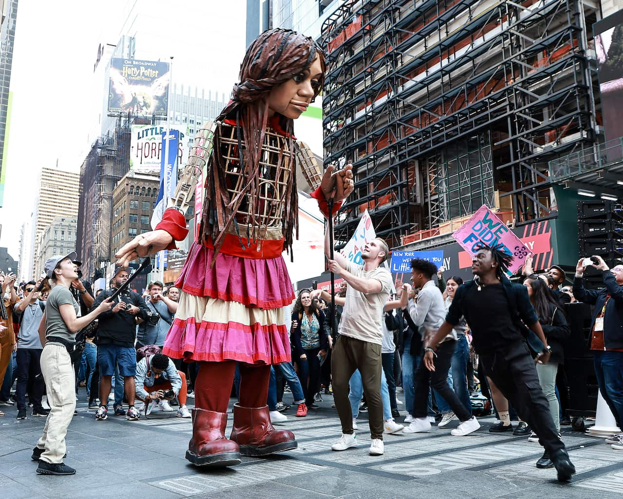 "Little Amal" Visits Times Square To Raise Awareness Of Syrian Refugees