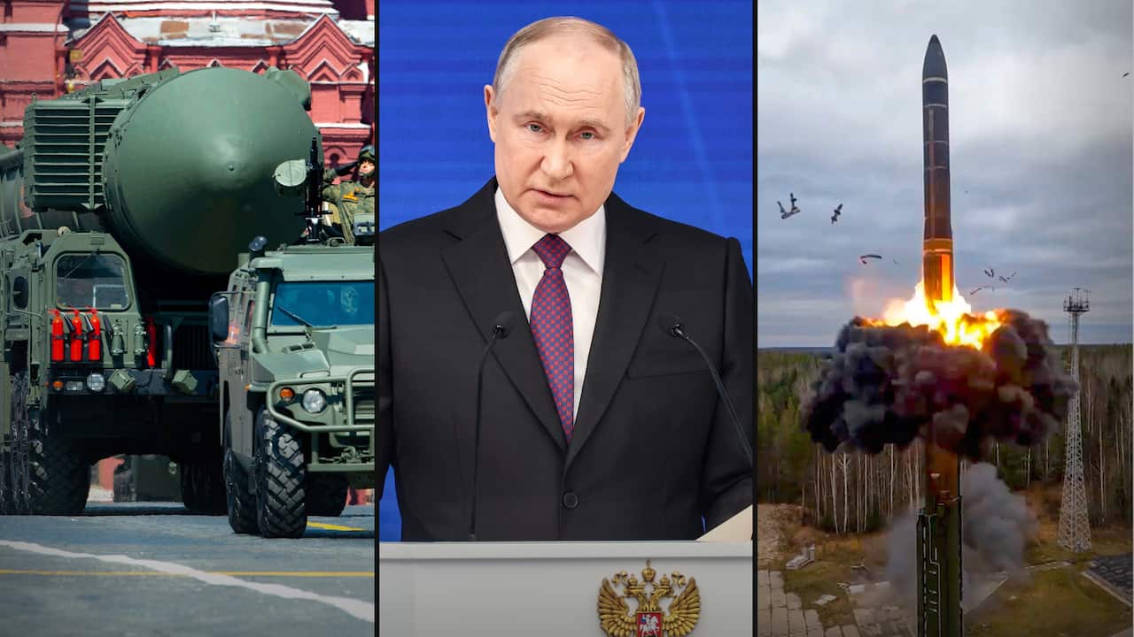 A split image. On the left are vehicles in a military parade. In the middle is a man wearing a suit and tie standing at a lectern and speaking. On the right is a missile being launched.