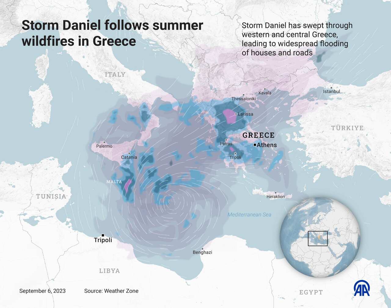 Storm Daniel follows summer wildfires in Greece