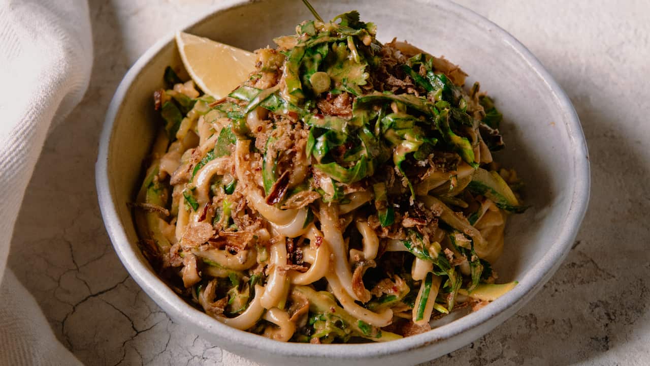 Chilled udon, mushroom and cucumber salad