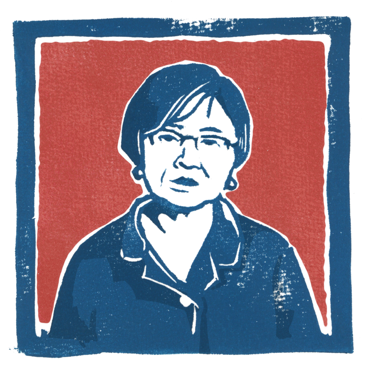 A portrait of a woman wearing a blouse and glasses. 