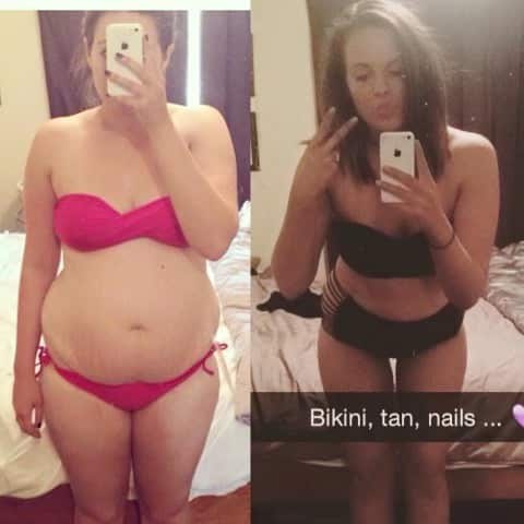 A woman's before and after weight loss pic that she posted online.