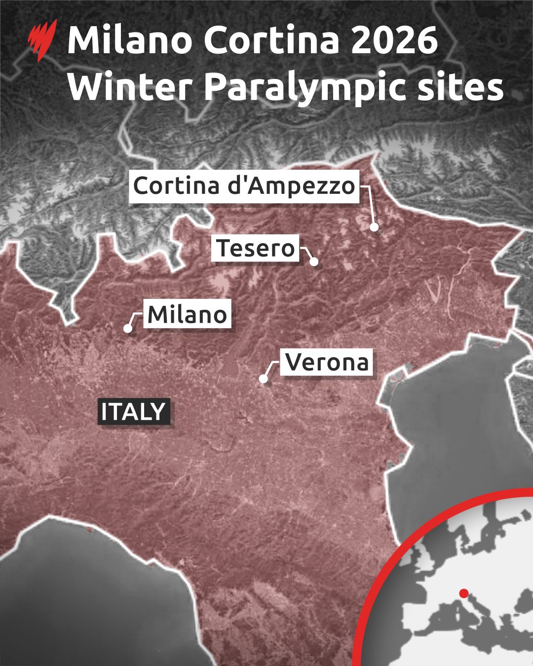 A map of Italy showing where the Games are.