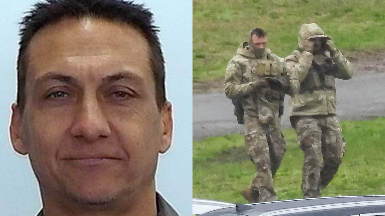 A composite image of a man's head on the left and two officers in tactical gear on the right