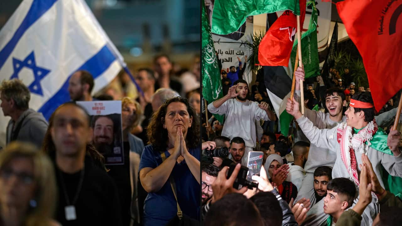 A split image. On the left is a crowd of people looking solemn. An Israeli flag is in the background. On the right are people cheering and waving the Palestinian flag.