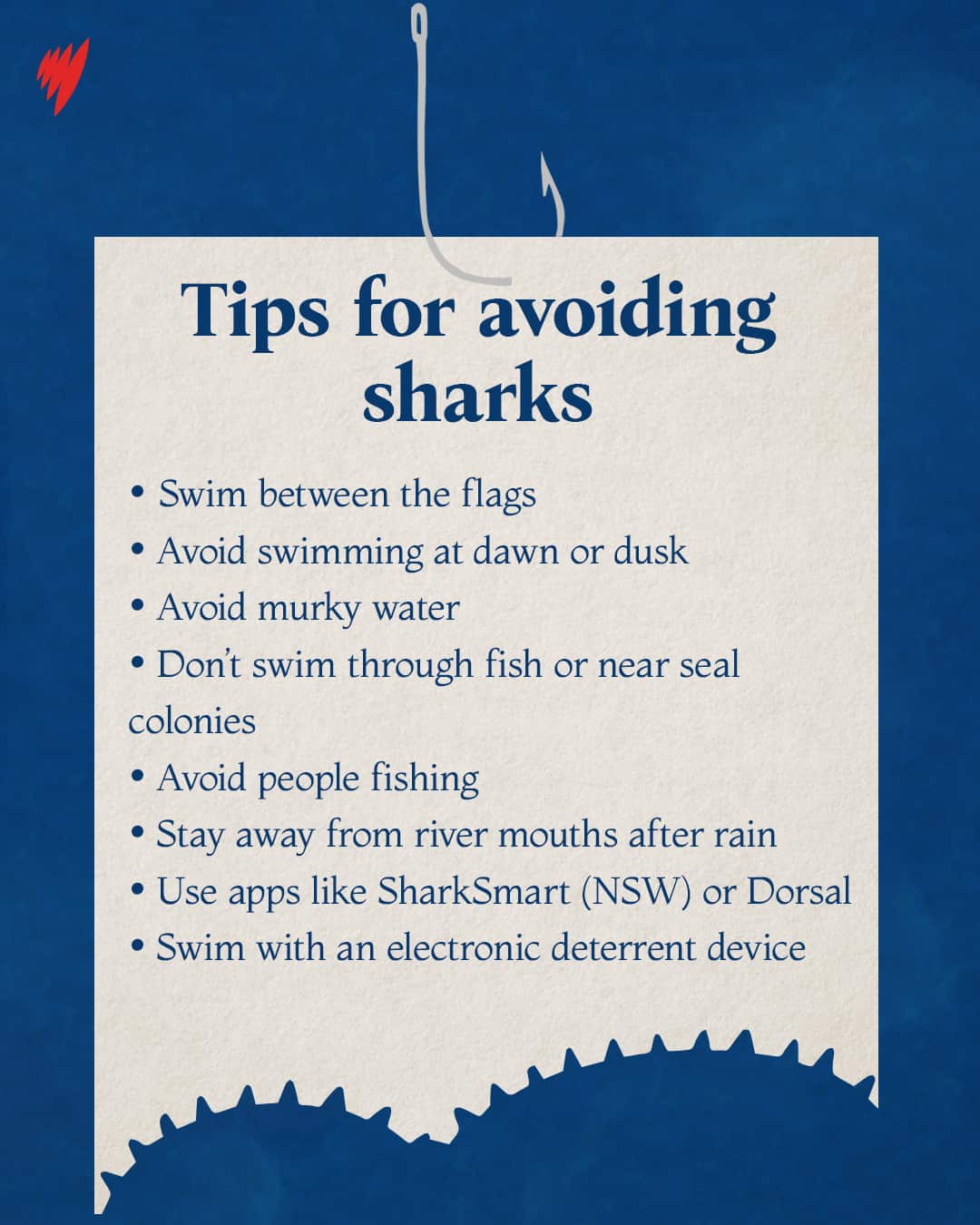 Fact box listing tips for avoiding sharks. 