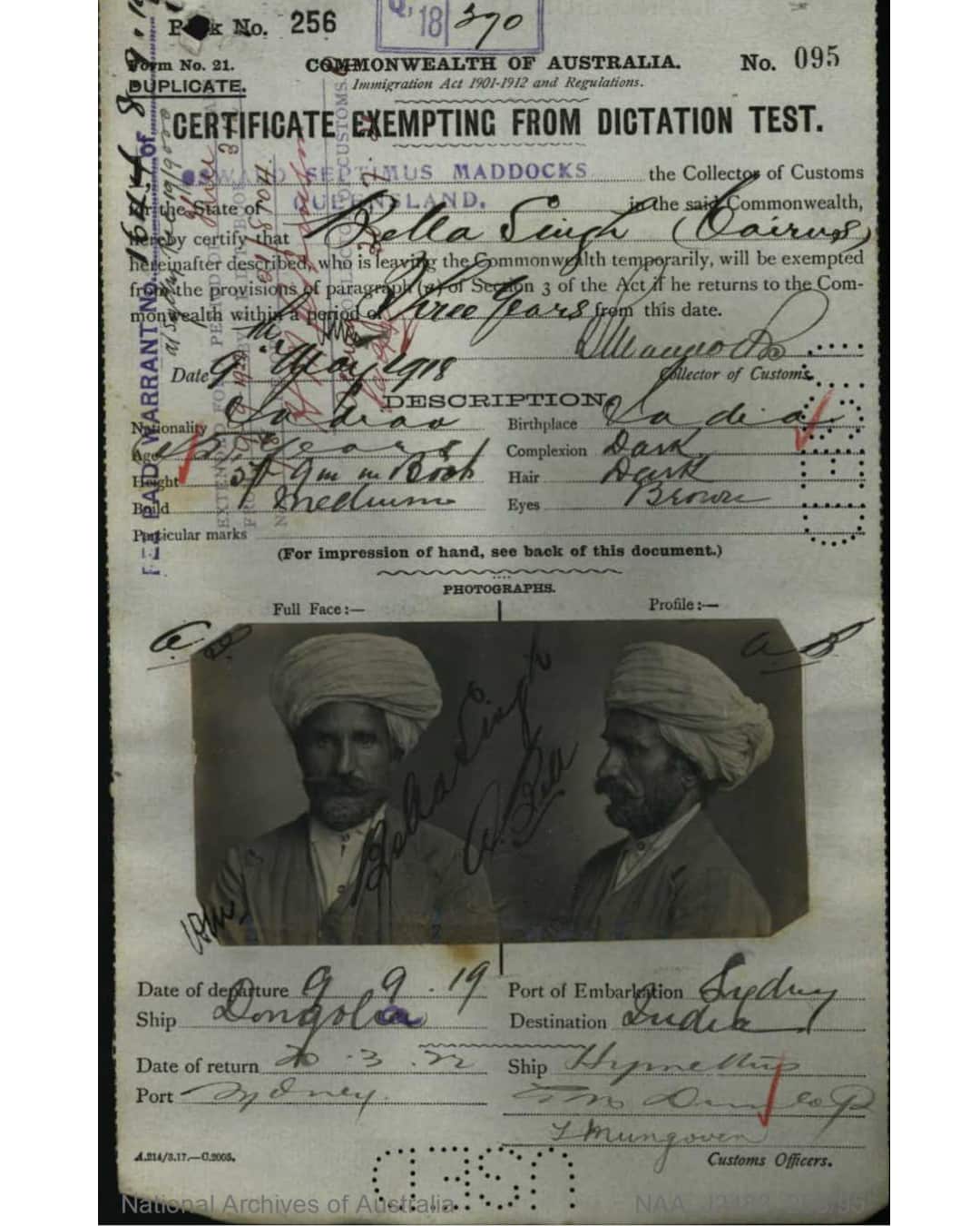 Bella Singh exemption records National Archives Australia.png