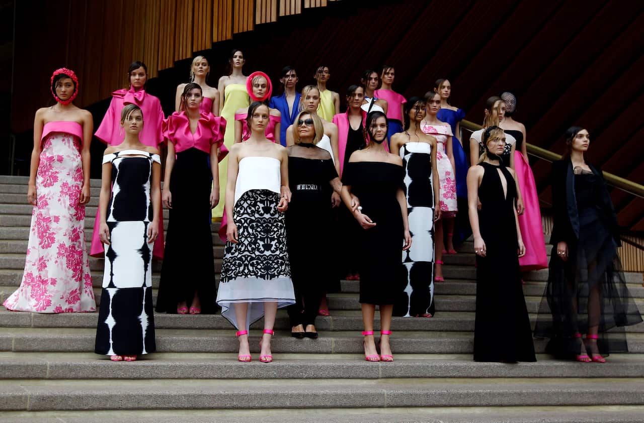 Models take to the catwalk for Carla Zampatti in a show celebrating her 50th year in the fashion industry at the Sydney Opera House in Sydney, Wednesday, Apr. 8, 2015. 