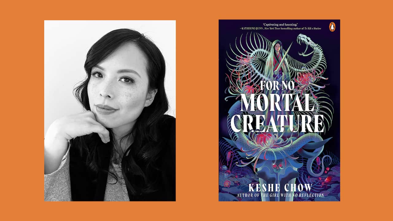 A composite image of the author and her book. 