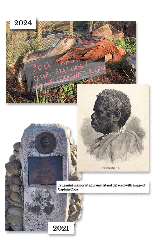 A collage of pictures including a portrait, a picture of a sign and a memorial.