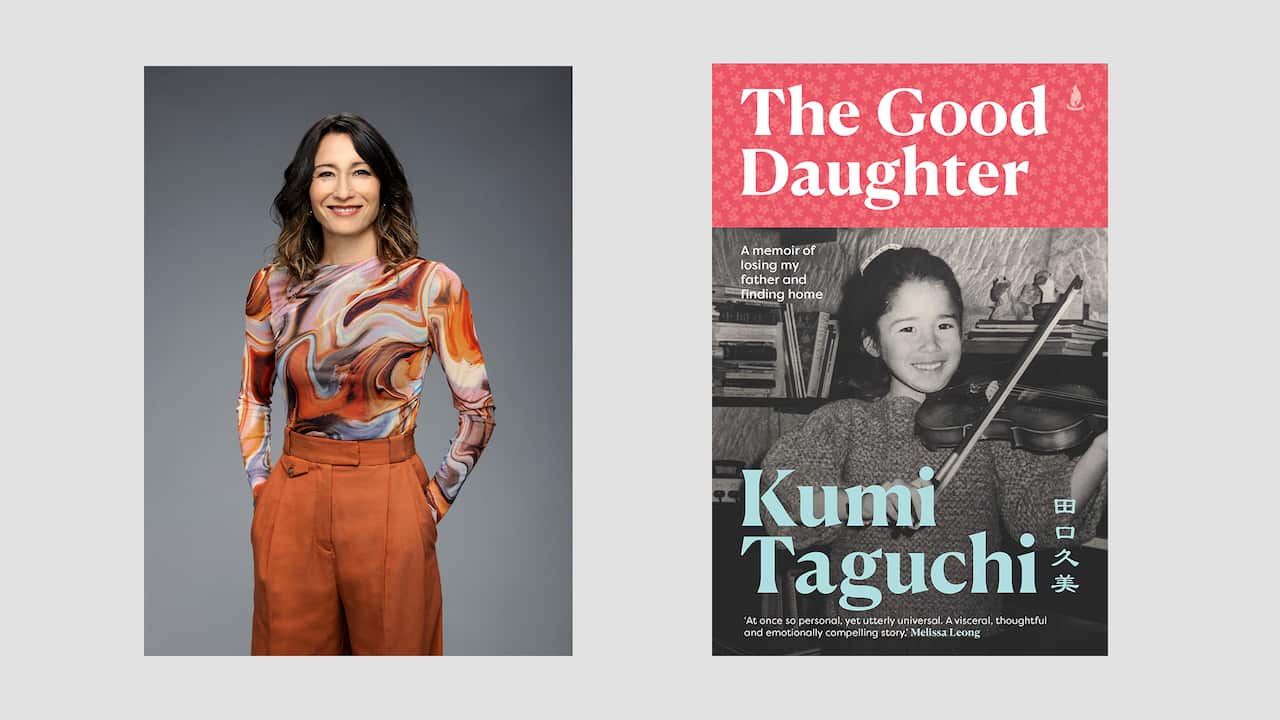 A composite image of the author next to the cover of her book. 