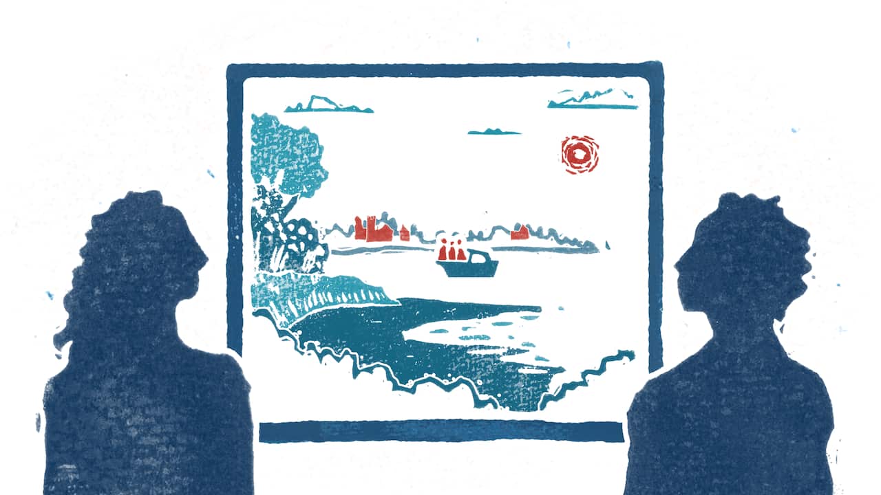 A printed illustration depicting a small boat in Sydney Cove with two silhouetted figures watching on in the foreground.