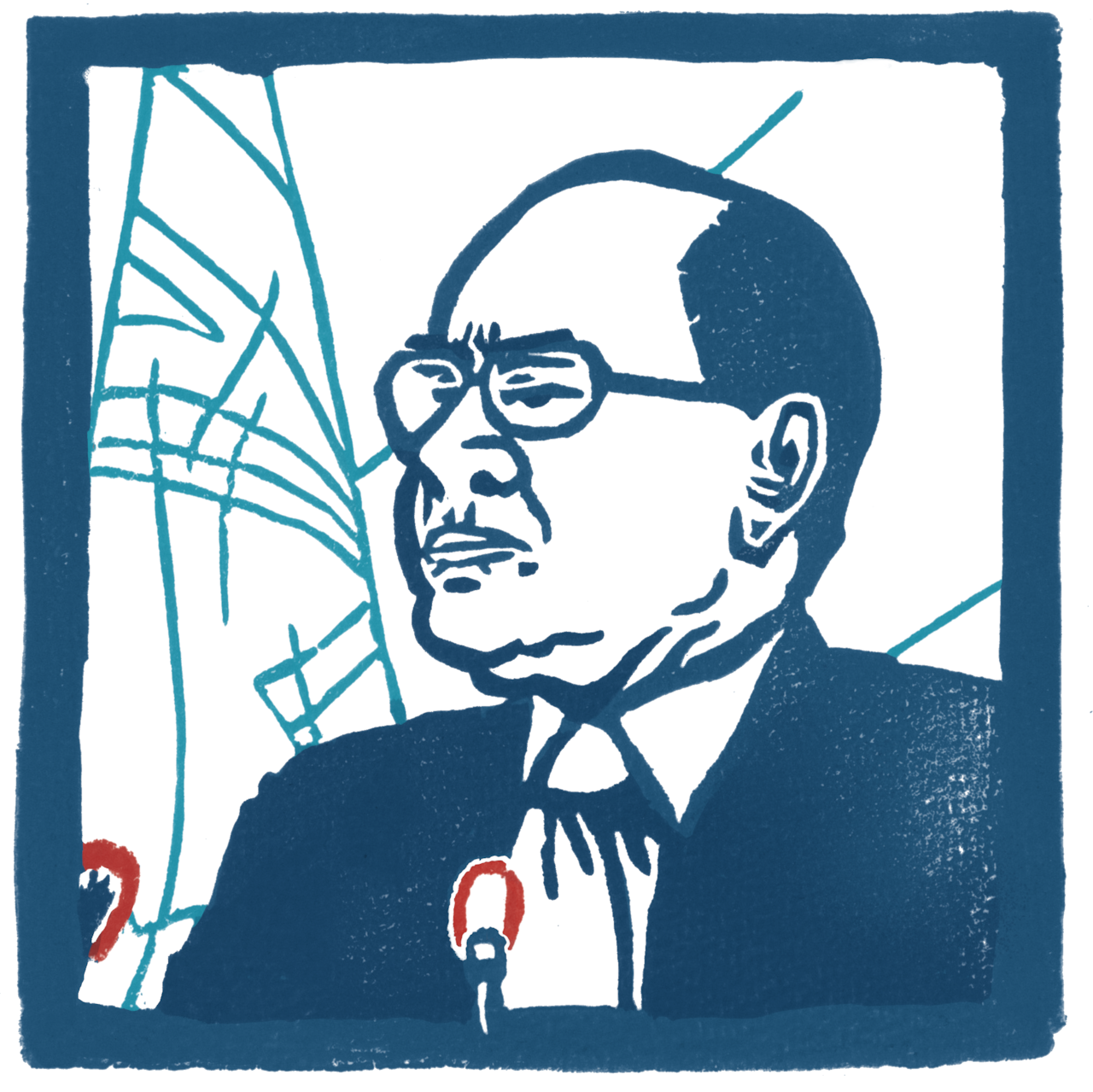 An illustrated image depicting a man with glasses giving a speech. 