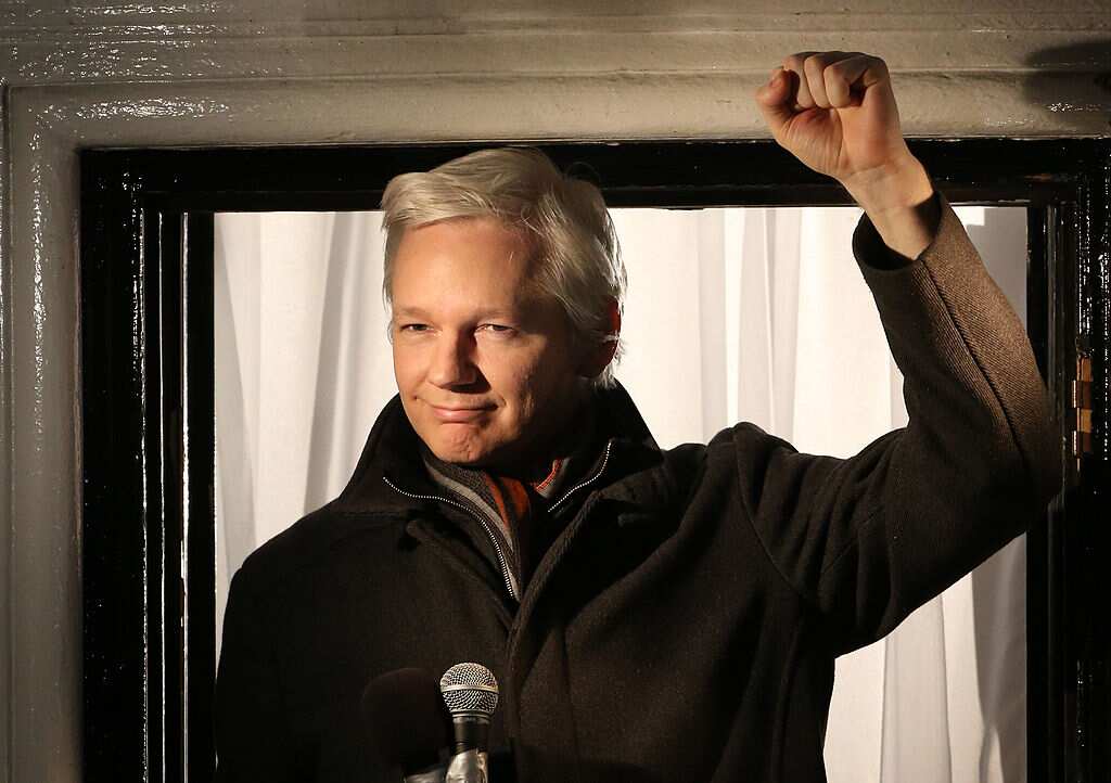 Julian Assange standing behind a microphone while wearing a black jacket. He has his left fist raised