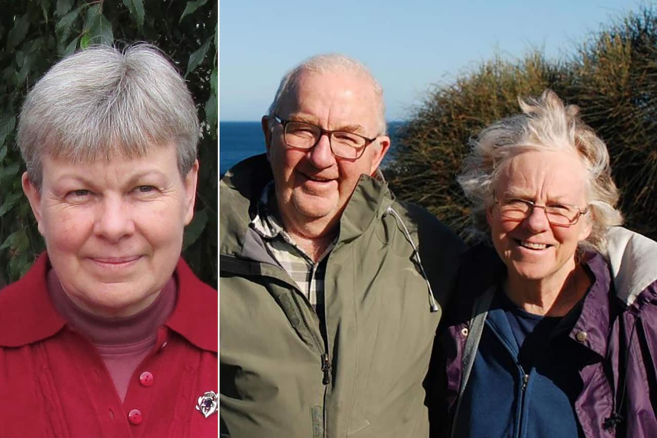 A composite image featuring a woman on the left and a man and a woman hugging on the right.