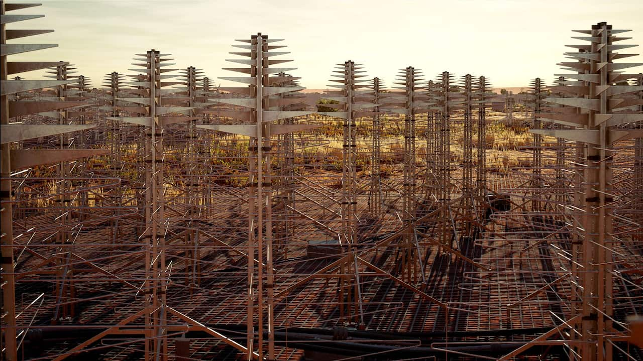 an artist's impression of the Square Kilometre Array at Inyarrimanha Ilgari Bundara on Wajarri Country in Western Australia.