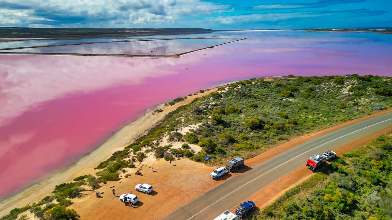 Aerial view of Hutt Lagoon, the stunning pink lake in Port Gregory, Western Australia