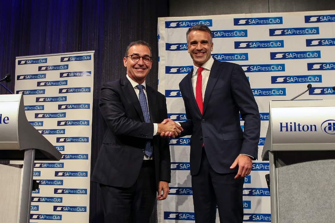 SA Premier Steven Marshall and SA Opposition Leader Peter Malinauskas during a leaders debate at the South Australia Press Club in Adelaide on 10 March 2022.