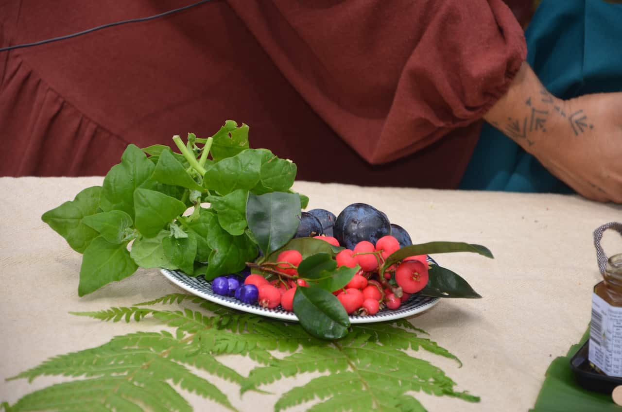 Davidson Plum rote Lilly Pilly und blaue Dianella plus Warrigal Greens Copyright Barbara Barkhausen.JPG