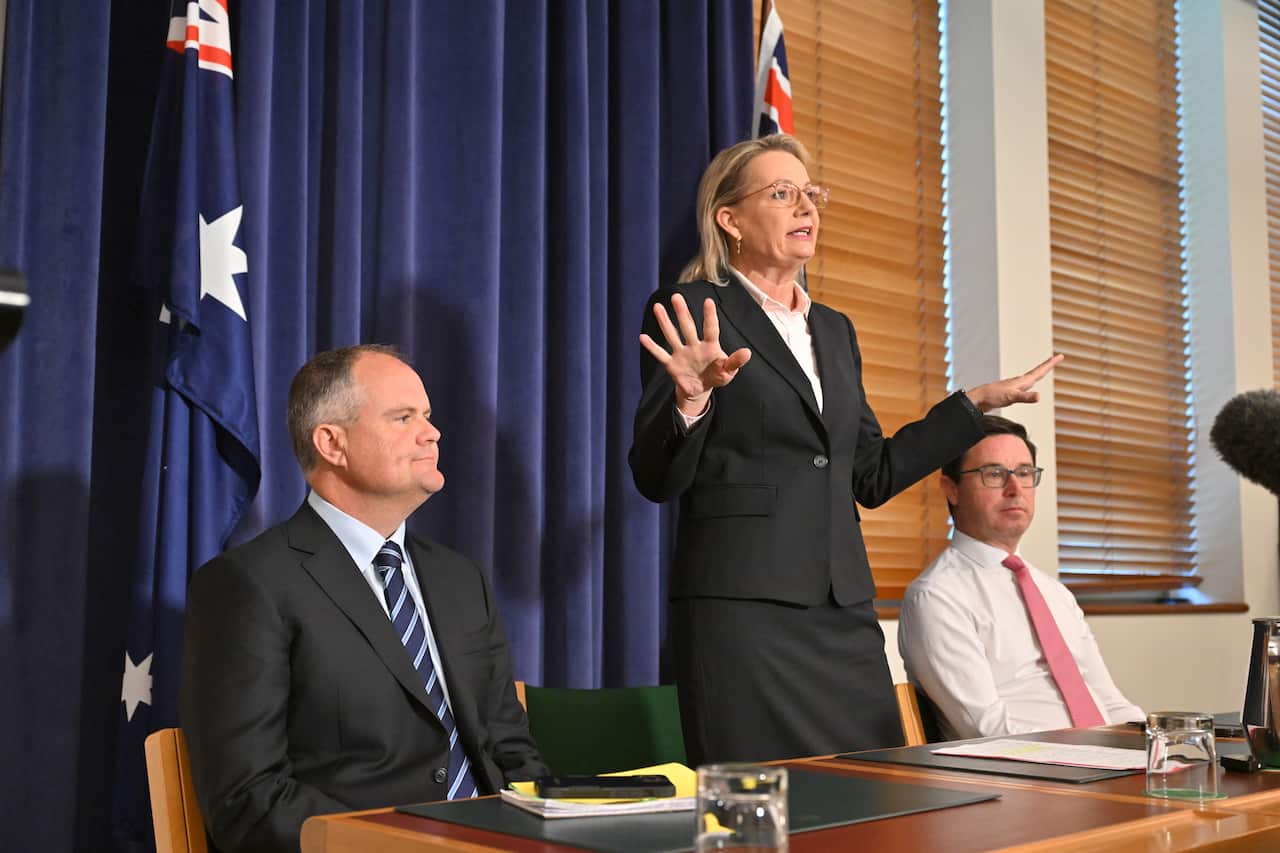 Sussan Ley, wearing a dark suit, stands behind a desk between two men who are sitting down