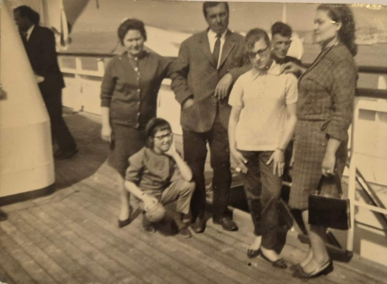 Ada Bagnato (bottom left) in 1965 on the ship Galileo Galilei with her family departing for Sydney.