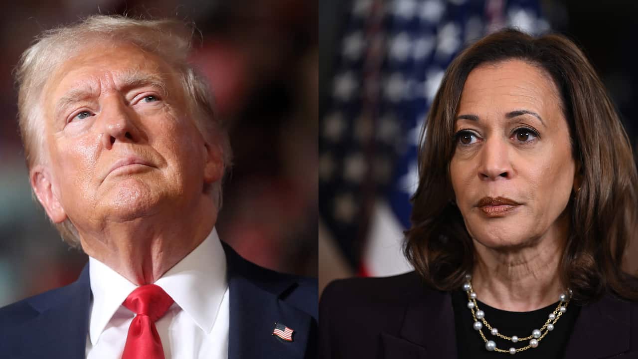 A composite image of a man and a woman looking serious 