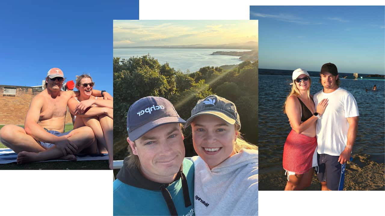 A collage of a couple in front of a beach.