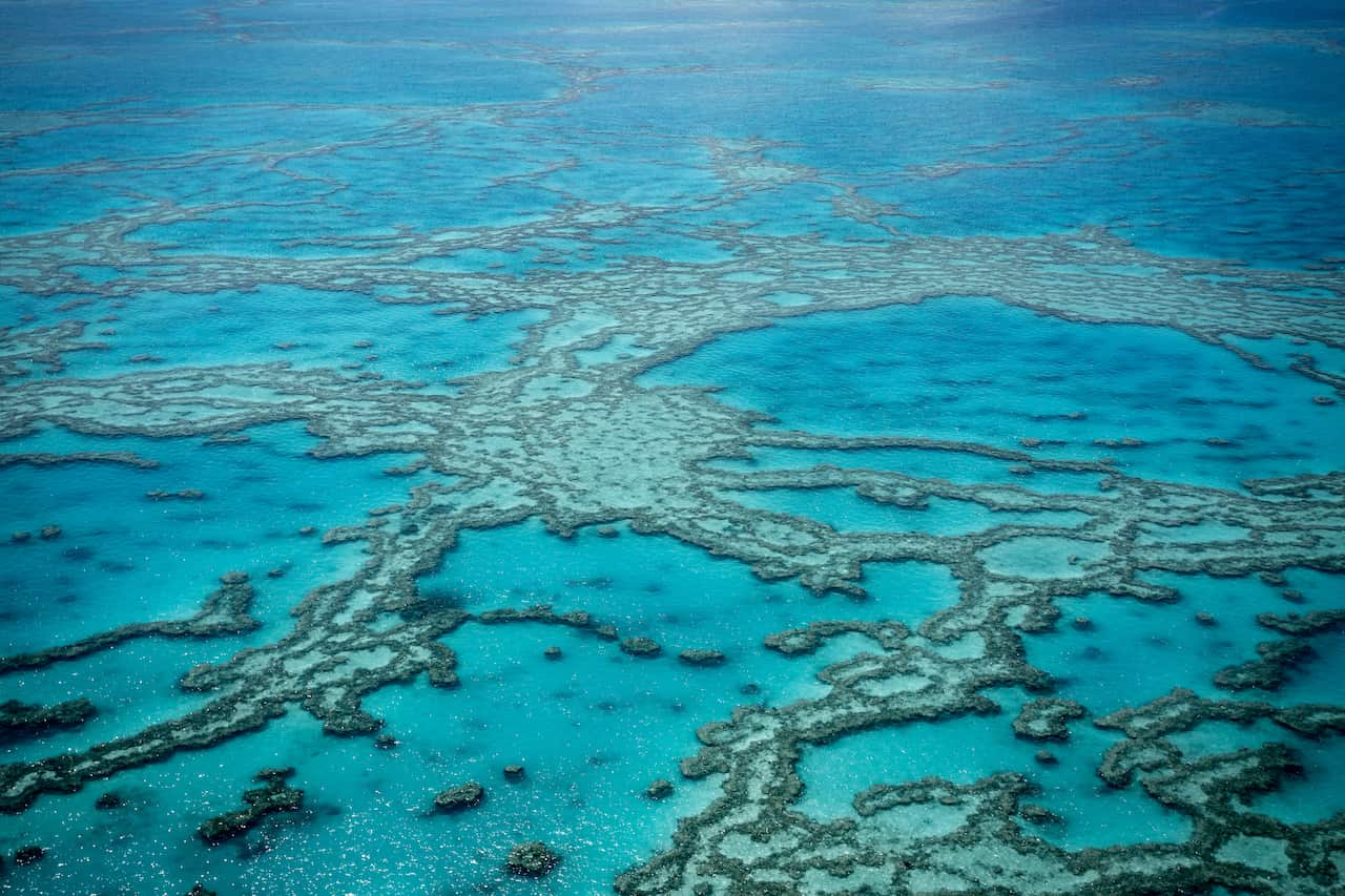 Bright aquamarine aerial view of the Great Barrier Reef.