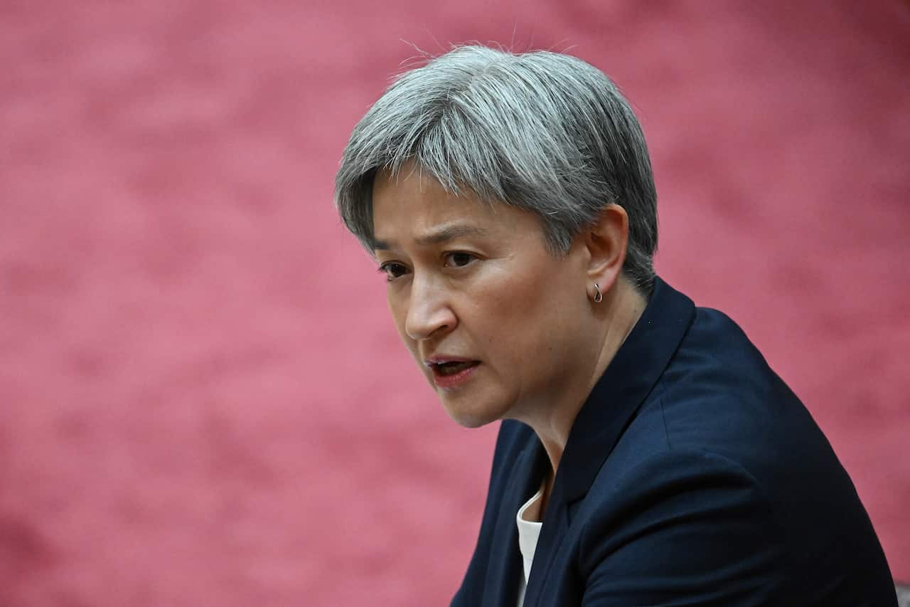 Penny Wong, wearing a blue blazer, with a pink carpet floor behind her.