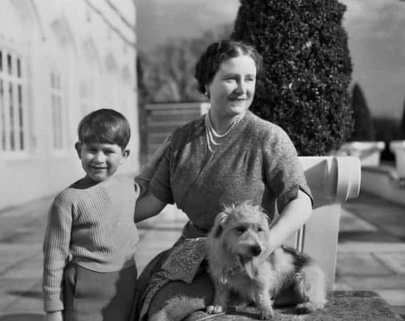 Charles as a boy with his grandmother the Queen Mother at the Royal Lodge in Windsor in 1954. 