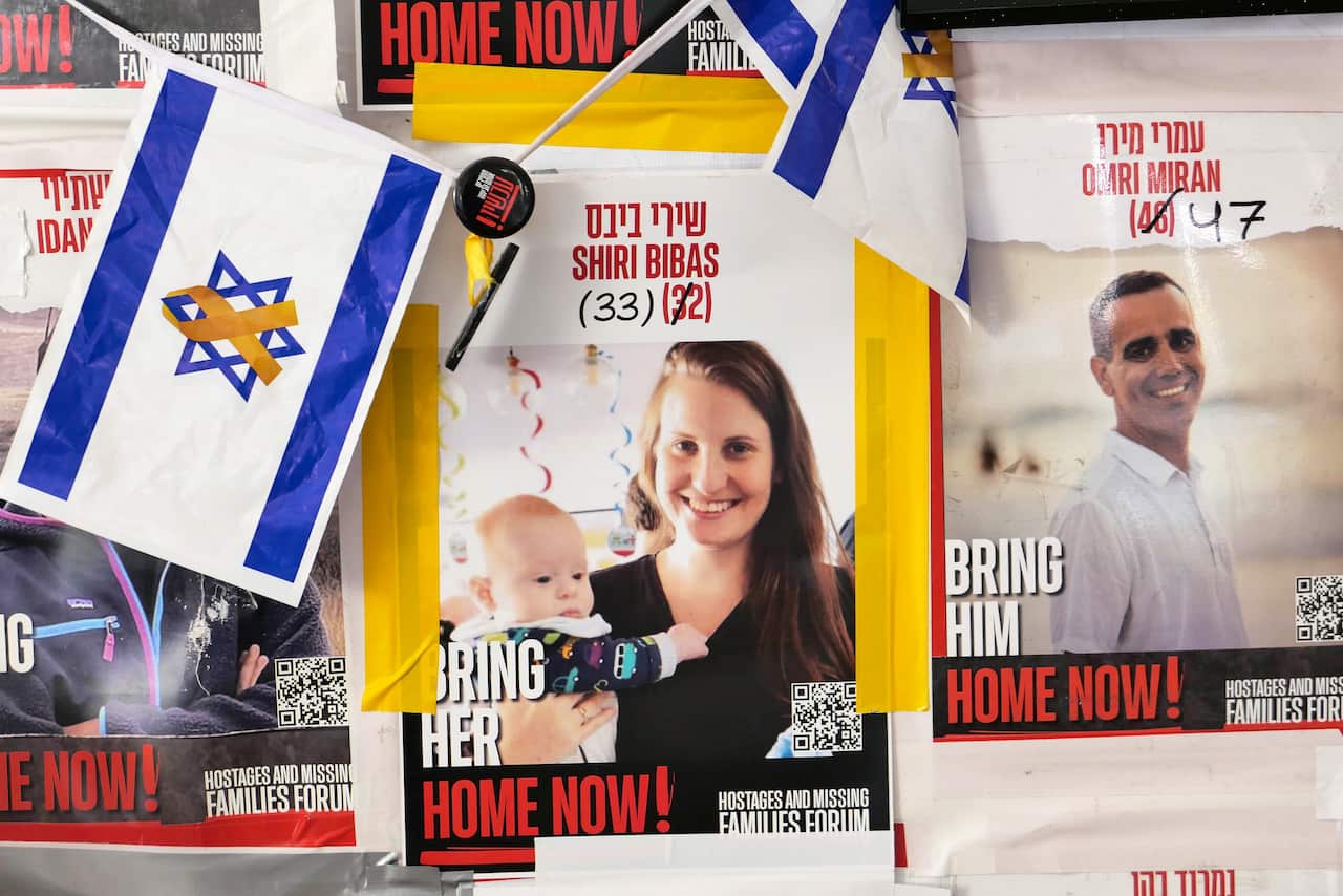 A poster of an Israeli hostage. 