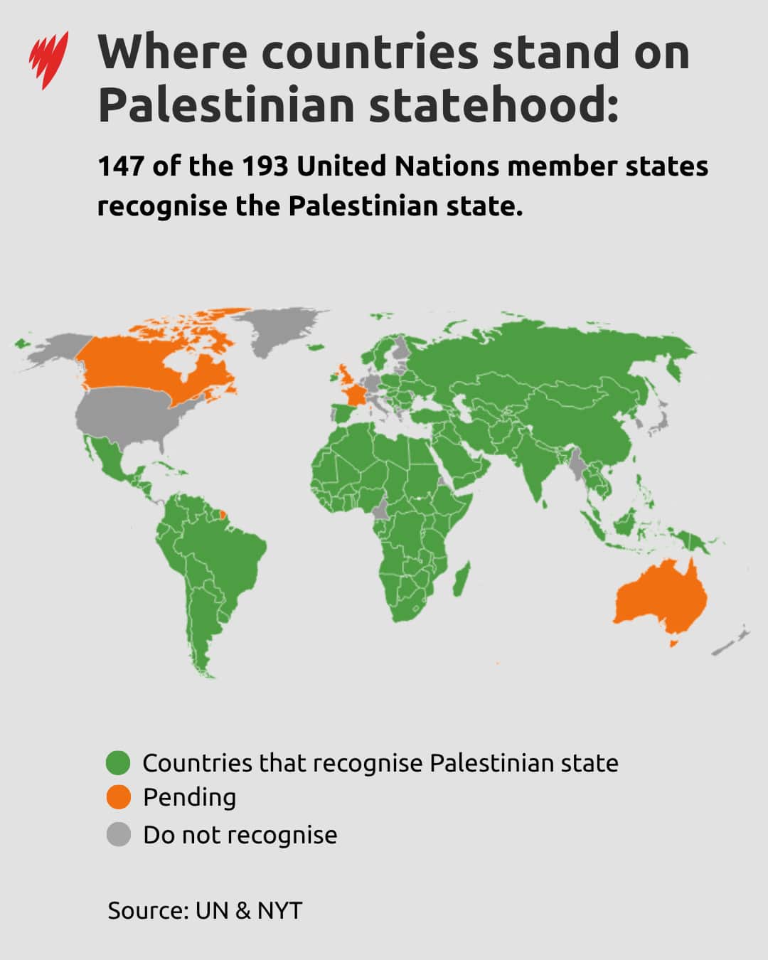 A map showing which countries recognise a state of Palestine