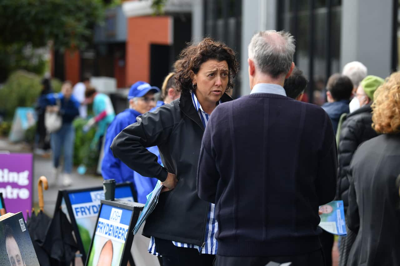 Independent candidate Dr Monique Ryan seen outside an Australian Electoral Commission early voting centre in the Federal electorate of Kooyong in Melbourne, Monday, 16 May 2022. 