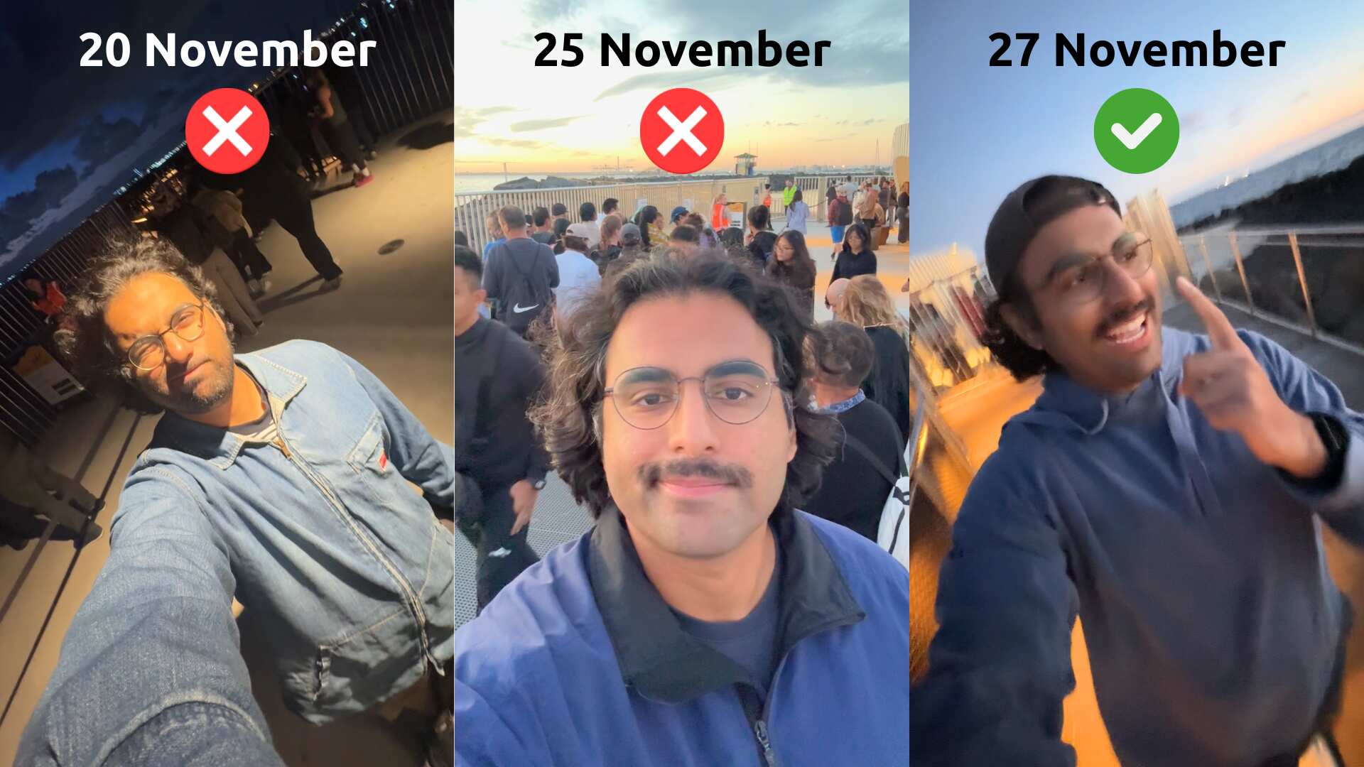 A three-way image of the same man on three different days with dates mentioned on the top.