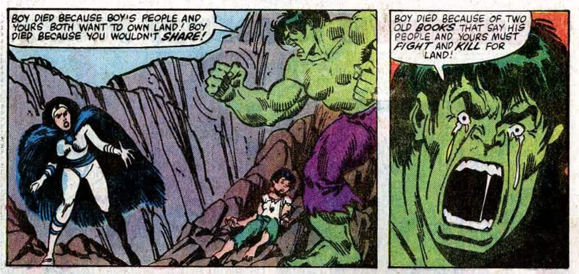 Comic strip series of Hulk and a superhero fighting