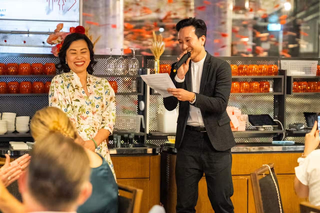 Linh and Brian at the launch of Gong Grocer
