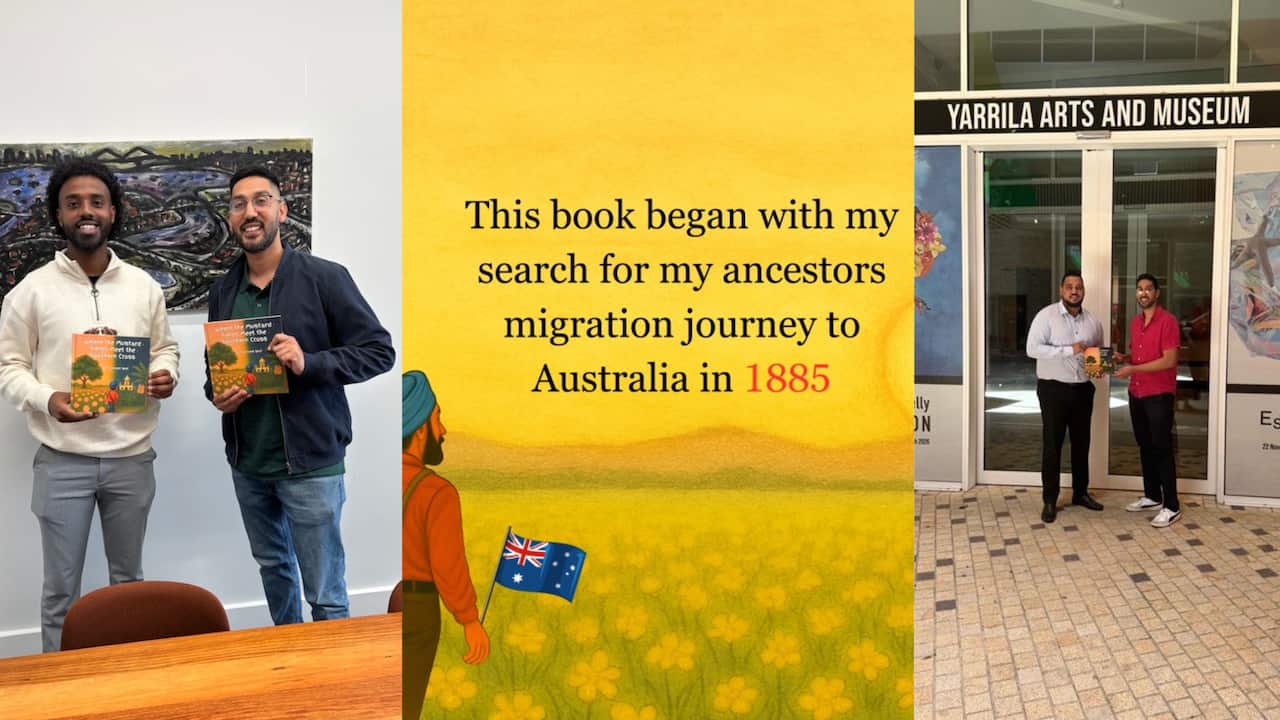 A collage of pictures including Manmeet Bedi showcasing his childrens book Where the mustard fields meet the southern cross 