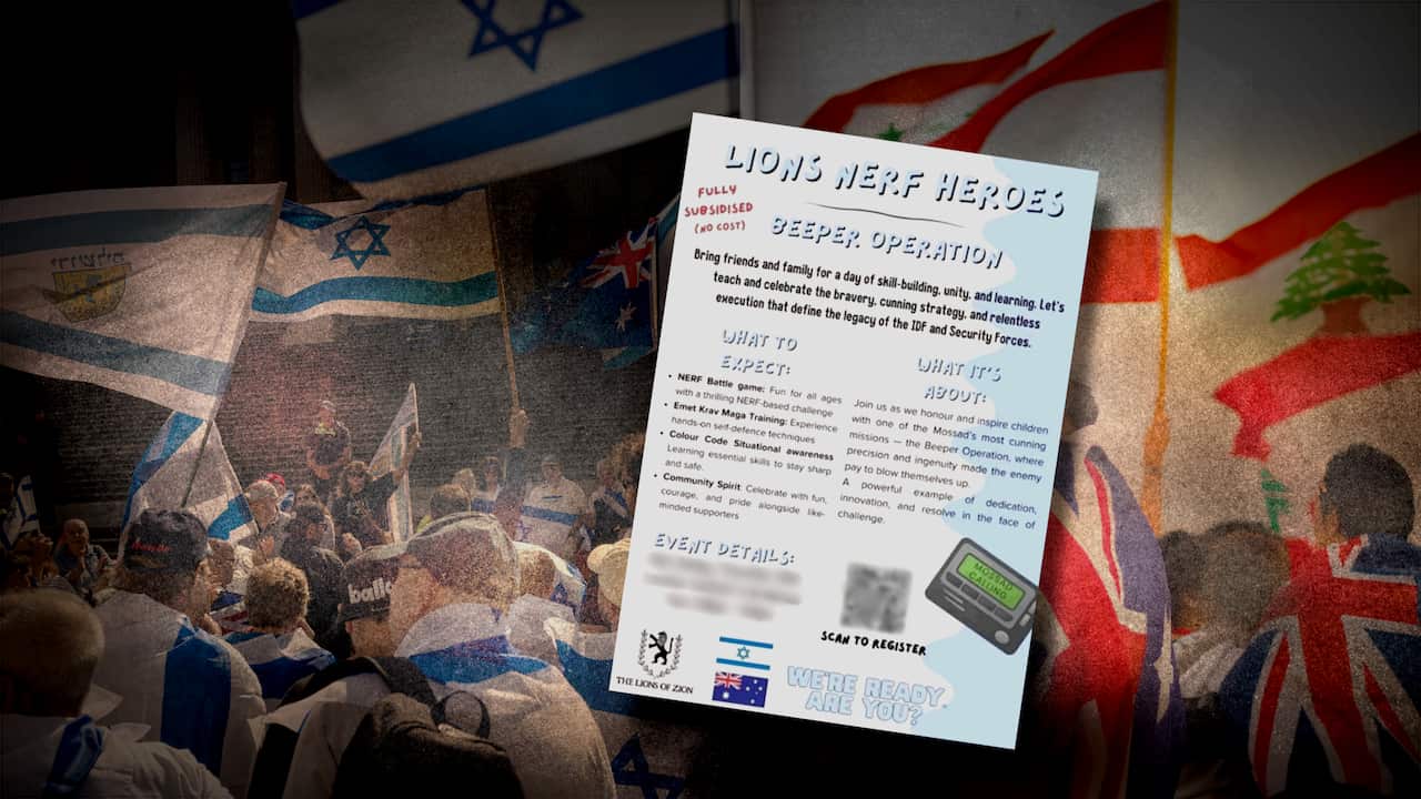 A stylised image featuring a flyer superimposed over Lebanese flags and Israeli flags