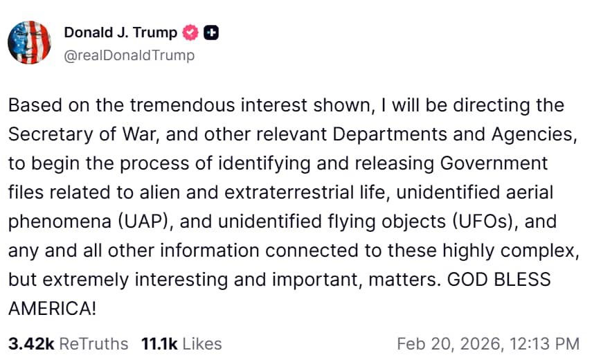 Donald Trump Truth Social post announcing release of alien files