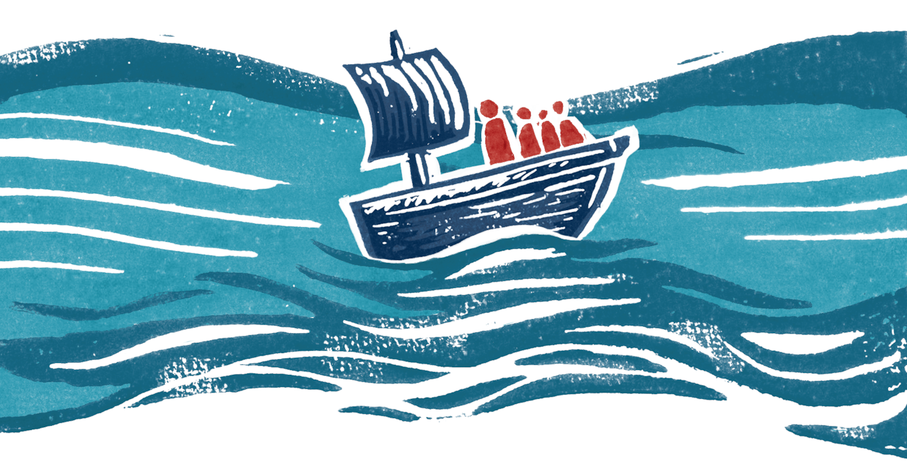 A printed image depicting a journey by boat. 