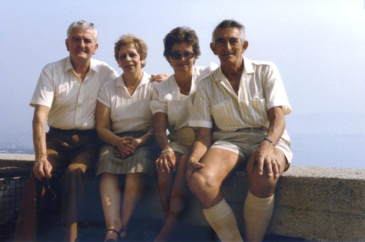 Enrichetta Antoni with her first husband Ferruccio and her uncle and aunt in Trieste, 1985, during their first holiday in Italy since migrating.