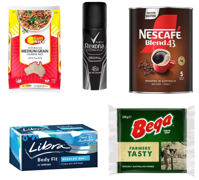 A collection of five everyday Australian consumer products: SunRice Calrose Rice, Rexona Men antiperspirant, Nescafé Blend 43 coffee, Libra tampons, and Bega Farmers' Tasty cheese.