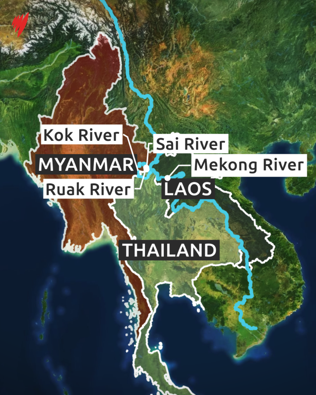 A map showing the Kok River flowing from Myanmar into Thailand and the Mekong River. 