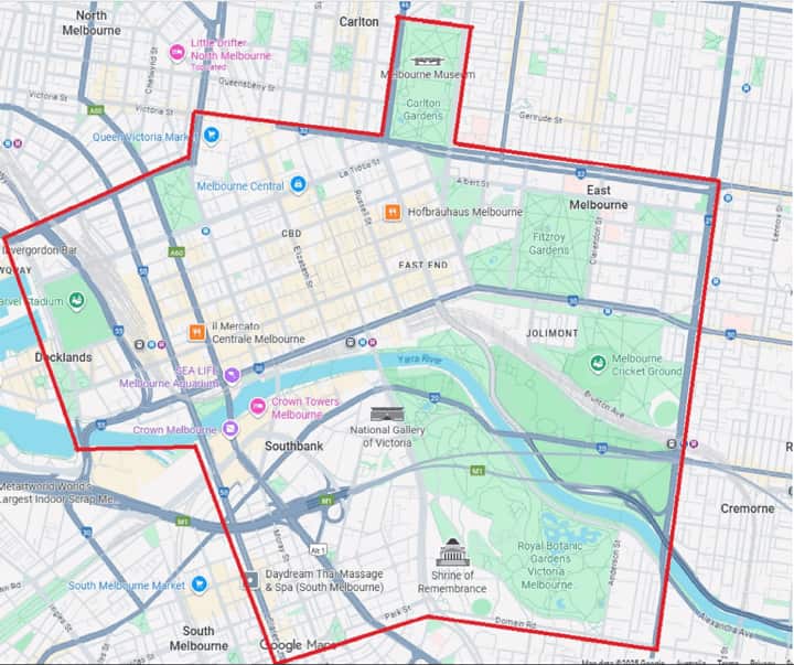 A map of Melbourne's CBD shows an area designated by a thick red outline encompassing the city centre, Carlton, East Melbourne, Jolimont, and parts of Southbank and South Melbourne.