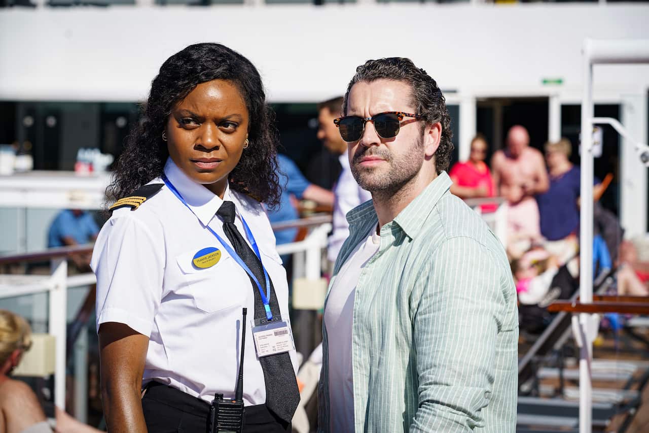 Kiza Deen as Frankie Johnson and Shayne Ward as Jack Grayling in The Good Ship Murder season 2.