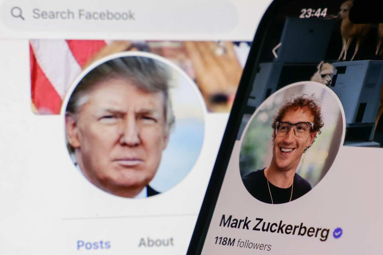 A digital composite graphic showing the Facebook profile of Donald Trump on the left and Mark Zuckerberg on the right.