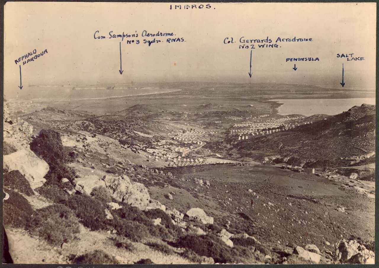 It’s the new road heading down toward Kephalos Bay. If we stood there in 1915 they would see the tents of the soldier rest camps, the headquarters, warships in the bay, an airfield
